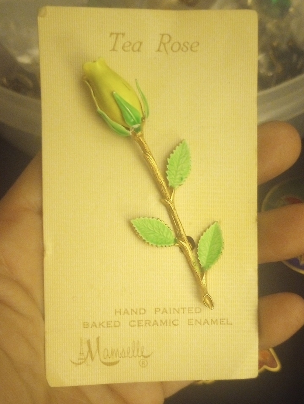 Tea Rose Hand-Painted Ceramic Enamel Rose Bud Brooch - Yellow and Green
